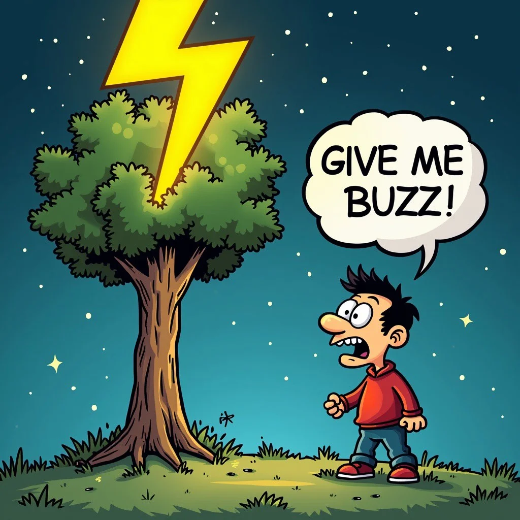 A yellow lightning bolt strikes a tree in the middle of the night. Next to the tree, there is an angry man shouting to the sky “GIVE ME BUZZ!” in a comic text balloon. The drawing style should be relatively comical.
