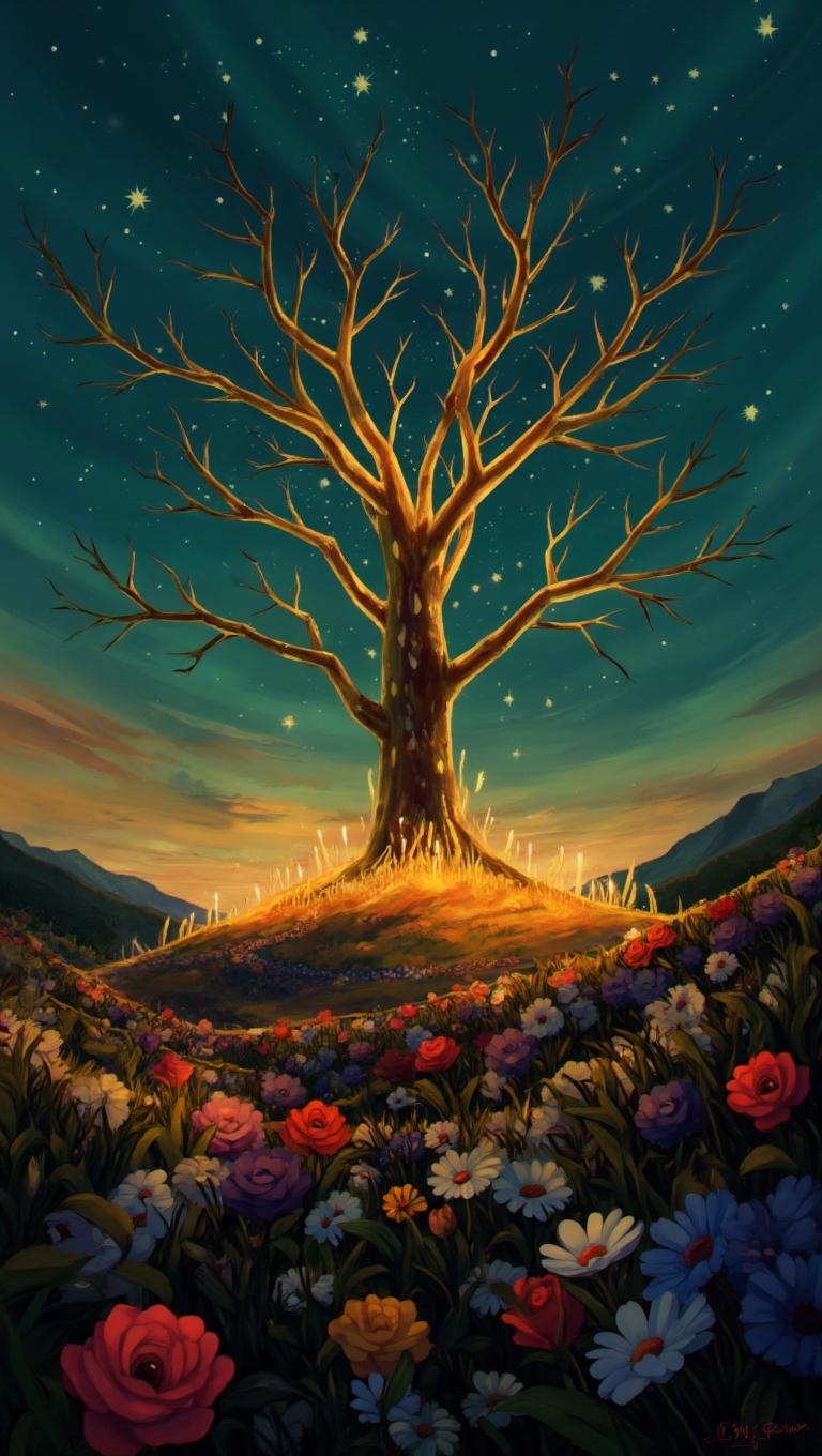 <lora:ck-LttleGhost-000011.safetensors:1> in the style of ck-lttlegh0stA luminous tree rises from a hillside, its branches reaching for the stars. A deep teal sky twinkles above, while wildflowers in every color - roses, lilies, and daisies - surround it, bathing in the golden light of sunset. The atmosphere is heavy with enchantment, as if the scene has taken on a life of its own.