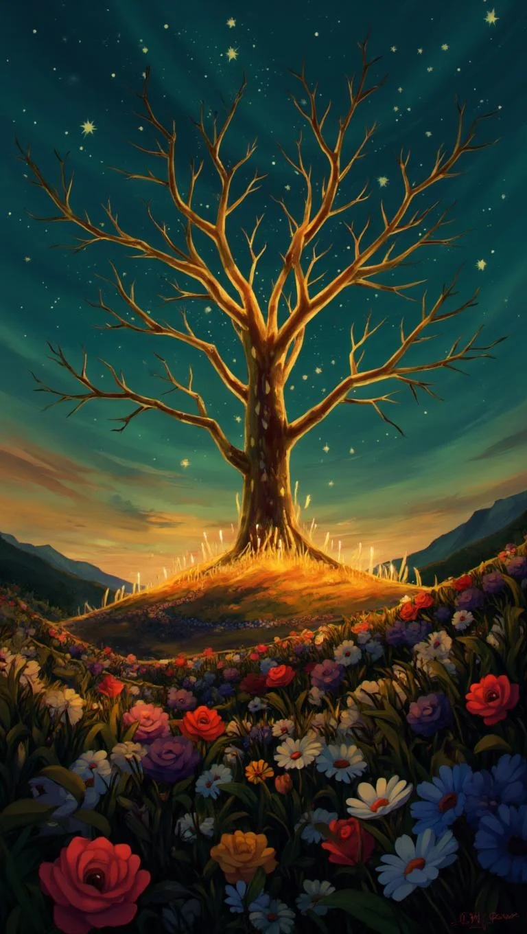 <lora:ck-LttleGhost-000011.safetensors:1> in the style of ck-lttlegh0stA luminous tree rises from a hillside, its branches reaching for the stars. A deep teal sky twinkles above, while wildflowers in every color - roses, lilies, and daisies - surround it, bathing in the golden light of sunset. The atmosphere is heavy with enchantment, as if the scene has taken on a life of its own.