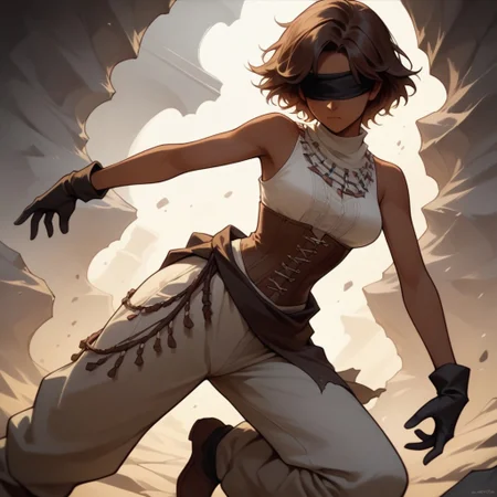 Score_9, Score_8_up, Score_7_up, (masterpiece), best quality, blindfolded, perfect face, perfect anatomy, anime girl, slim, medium breasts, hourglass shape, brown hair, short hair, dark skin and freckles, beautiful and trained bodysuit, white sleeveless shirt, brown corset that highlights her breasts and small waist, loose pants with openings on the sides, without shoes and with long black gloves that reach to her elbows, hippie aura, dark skin,kistune mask on the face
fighting perspective, with a sword in his hand, about to fight, hell
<lora:Concept_Masked_Lady:0.7>,