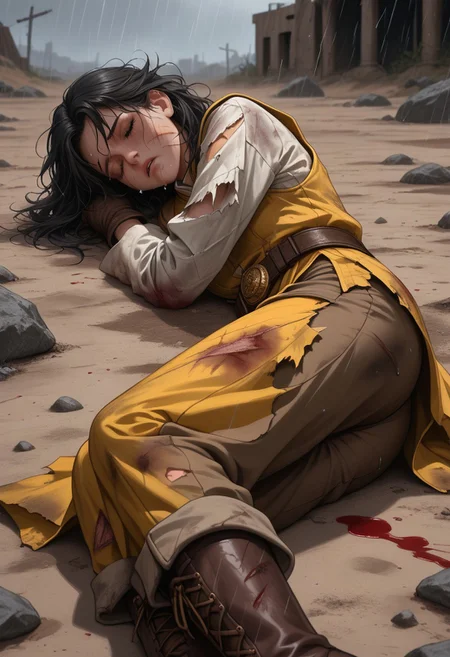 score_9, score_8_up, score_7_up,
high quality, high resolution, detailed, highres, source_anime, masterpiece, best quality, highres, intricate,
BREAK
1girl, solo,
magical girl dress, yellow steampunk dress, (brown shorts:1.2), utility belt, brown boots, brown gloves, black tights,
black hair, medium hair, messy hair,
lying, defeated, closed eyes, looking down, tired, corpse,
blood, blood on clothes, blood on face, bloody, cuts, bruises, damaged, torn clothes, hurt, blood tears, blood pool, dying,
broken sword, sword lying on the ground,
detailed battlefield background, wasteland, desert, heavy rain, rain, dark, night sky, injured, scars, ruin, rocks, ruins, rain, smoke, dust, dirt,
side view, low angle, wide shot,
blurry background, depth of field, shadow,
ghostshell, retrostyle,
