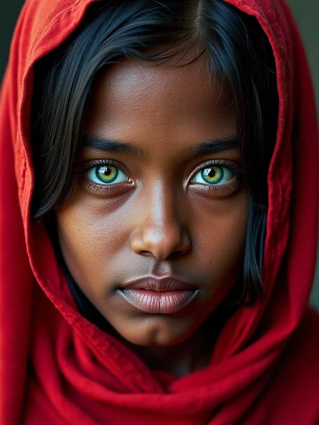 Close-up portrait of a young girl with a piercing and intense gaze, striking green eyes contrasted against her darker complexion, detailed skin with visible pores and natural texture, slightly pursed lips with a neutral expression, dark hair partially covered by a vibrant red scarf, wearing the scarf wrapped loosely around her head, lighting softly highlighting her detailed skin and the rich color of the fabric, background subtly blurred to keep the focus on her face, creating a powerful and haunting visual impact <lora:detailed_skin_portraits-000005:0.8>