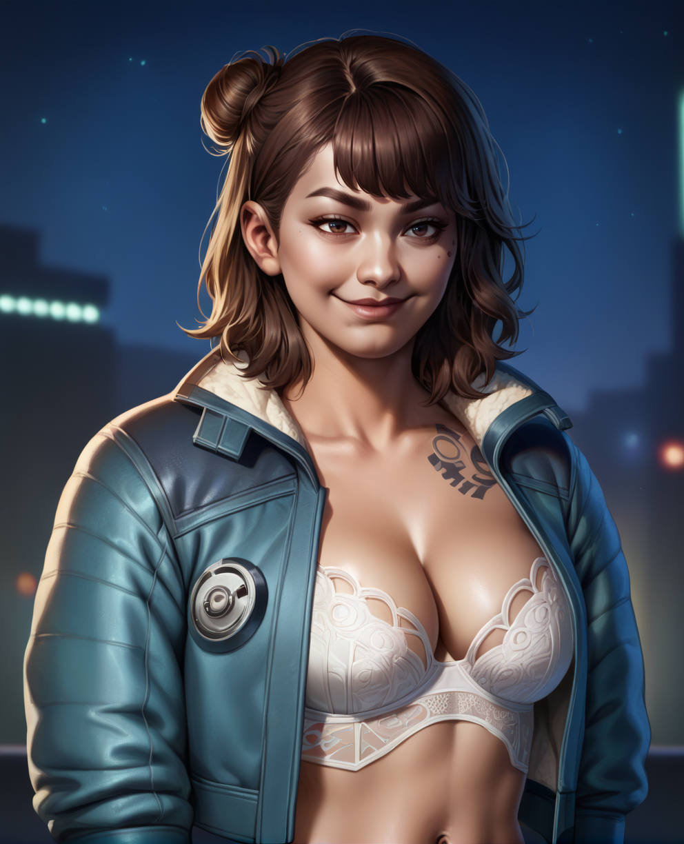 score_9,score_8_up,
kayxl,brown hair,brown eyes,bangs,medium hair,hair bun,
light smile,smug,left shoulder tattoo,white lingerie,cleavage,blue jacket,
solo,navel,
night,club,
science fiction,
<lora:KaySWOxl-125TH:0.9>,