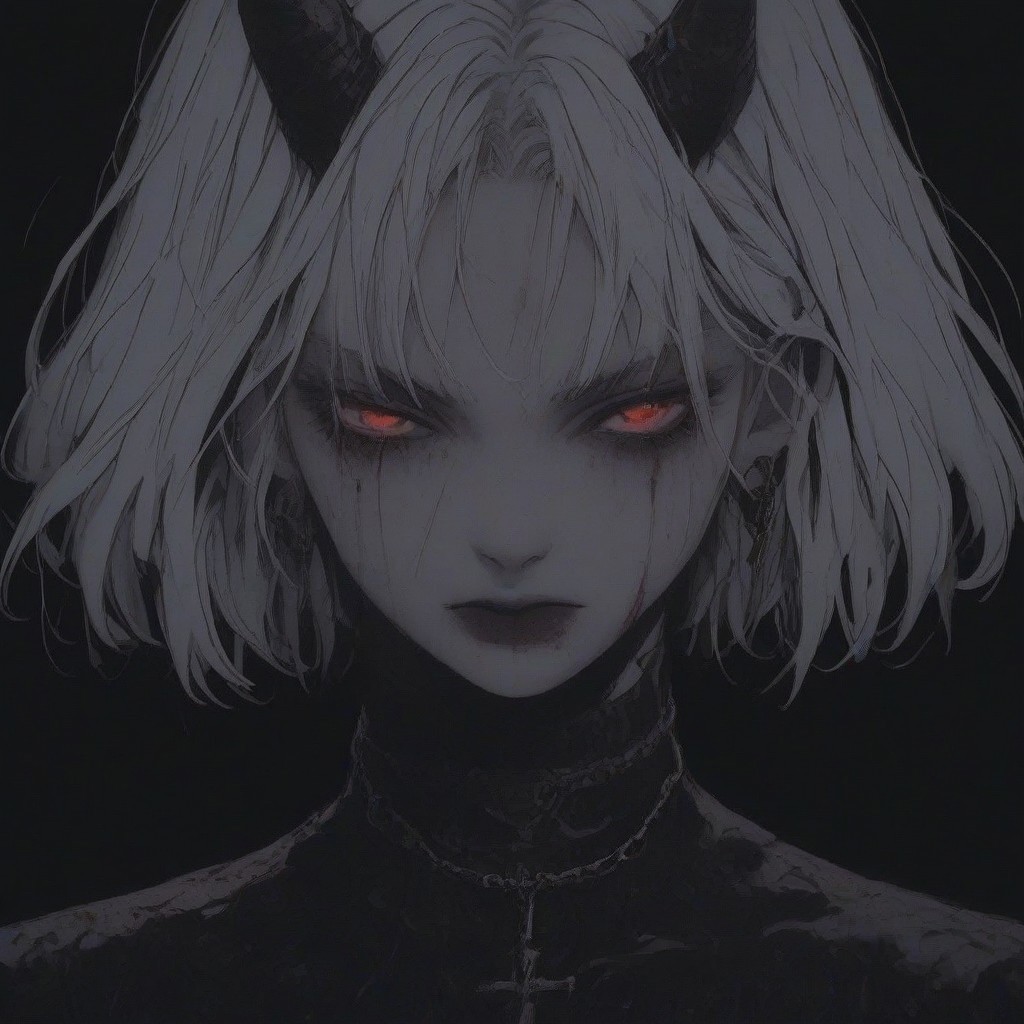 score_9, score_8_up, score_7_up, flat color, blood dripping from mouth, demon girl, demon horns, gthan, gothic, jewelry, red glowing eyes, solo, blood, earrings, cross, 1girl, black background, looking at viewer, portrait, short hair, necklace, blood on face, cross necklace, simple background, spot color, closed mouth, white hair, cross earrings
