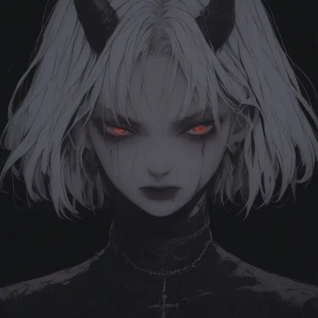 score_9, score_8_up, score_7_up, flat color, blood dripping from mouth, demon girl, demon horns, gthan, gothic, jewelry, red glowing eyes, solo, blood, earrings, cross, 1girl, black background, looking at viewer, portrait, short hair, necklace, blood on face, cross necklace, simple background, spot color, closed mouth, white hair, cross earrings