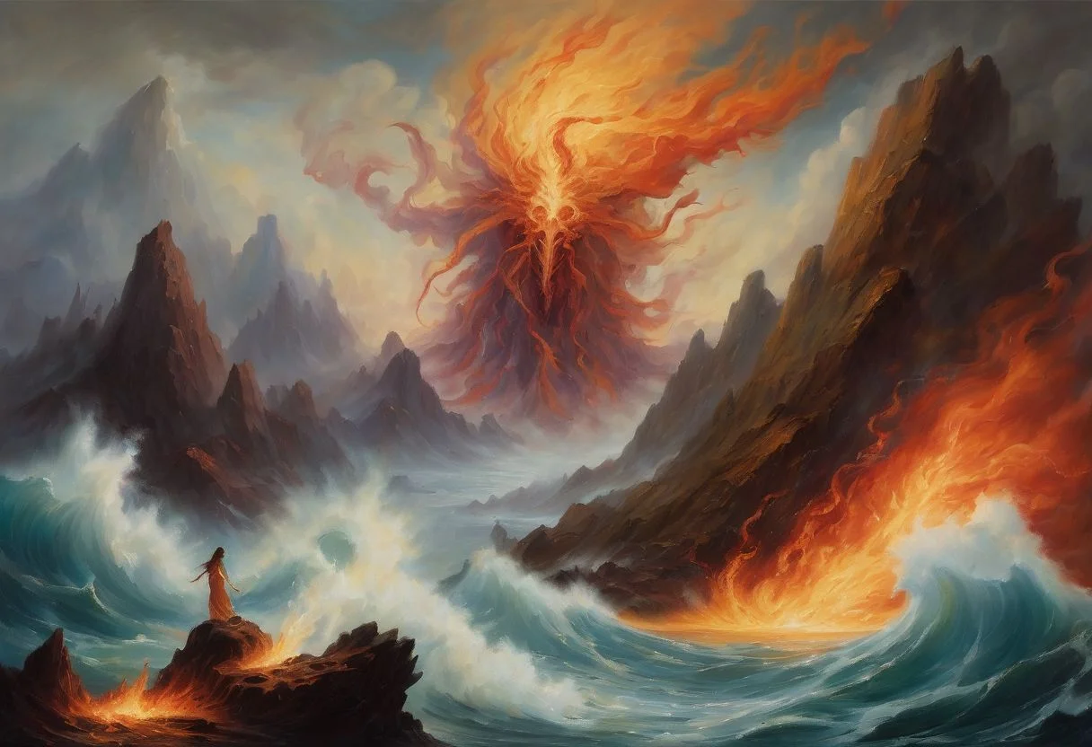Award winning oil painting of the four elements. Painted by a great master. Water is a lady of the sea. Fire is a demon crawling out from a volcano. Earth is a titan rising from the sea and carrying the volcano on its back. Air is a nymph whipping the sea, fanning the flames, and eroding the earth. The paint is so thick it is as if the four elementals are reaching out of the painting itself.