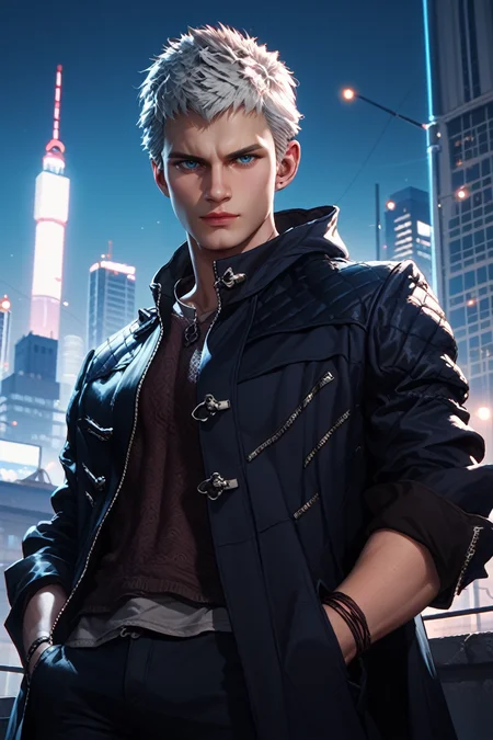 score_9, score_8_up, score_7_up, score_6_up
<lora:DMC5Nero:1.0>
DMC5Nero, 1boy, white hair, short hair, blue eyes, looking at viewer, On a high-rise rooftop, sharp black trench coat, city lights below, hands in pockets
