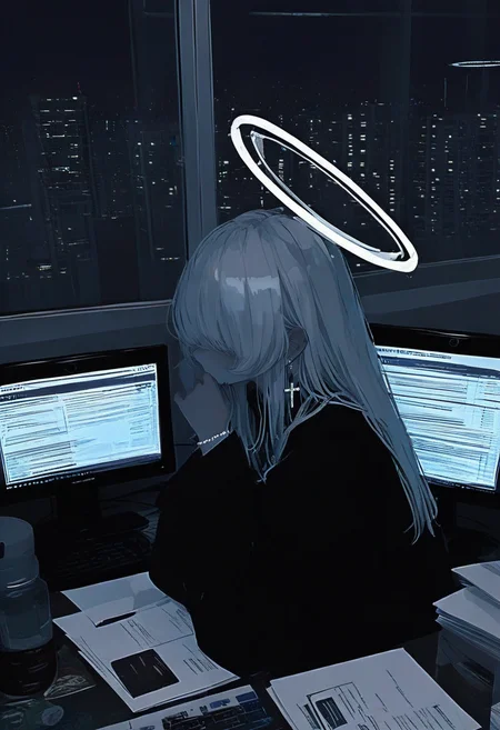 1girl, halo, solo, jewelry, earrings, long hair, window, night, long sleeves, indoors, cross earrings, cross, white hair, upper body, monitor, paper, keyboard \(computer\), computer, building <lora:748cmXL_NBVP1_lokr_V6311PZ:0.95>