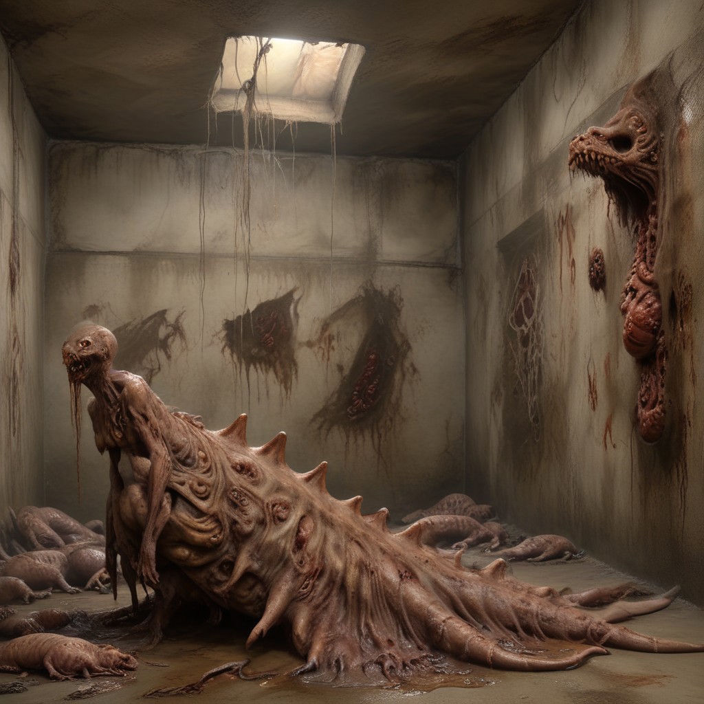 Dark Fantasy page, Inside a crypt. sluggirl,  undead, twitching, writhing. Walls made of flesh. Painting. Monster Manual. s34slug, flaps, stalks
zombie slug hybrid man monster.