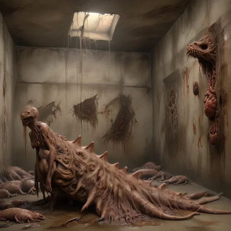 Dark Fantasy page, Inside a crypt. sluggirl, undead, twitching, writhing. Walls made of flesh. Painting. Monster Manual. s34slug, flaps, stalks
zombie slug hybrid man monster.