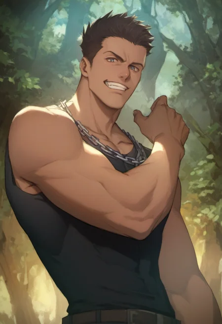 1boy, Criminal, very short hair, chain necklace, black_hair, score_8_up, score_7_up, score_6_up, score_9_up, stand at forest, fantasy, tight black tanktop, manly),face_focus, muscular, centered,looking at viewer, big arms,  detailed eyes, 8k uhd, high quality, no_eyebrow, mouth, grin