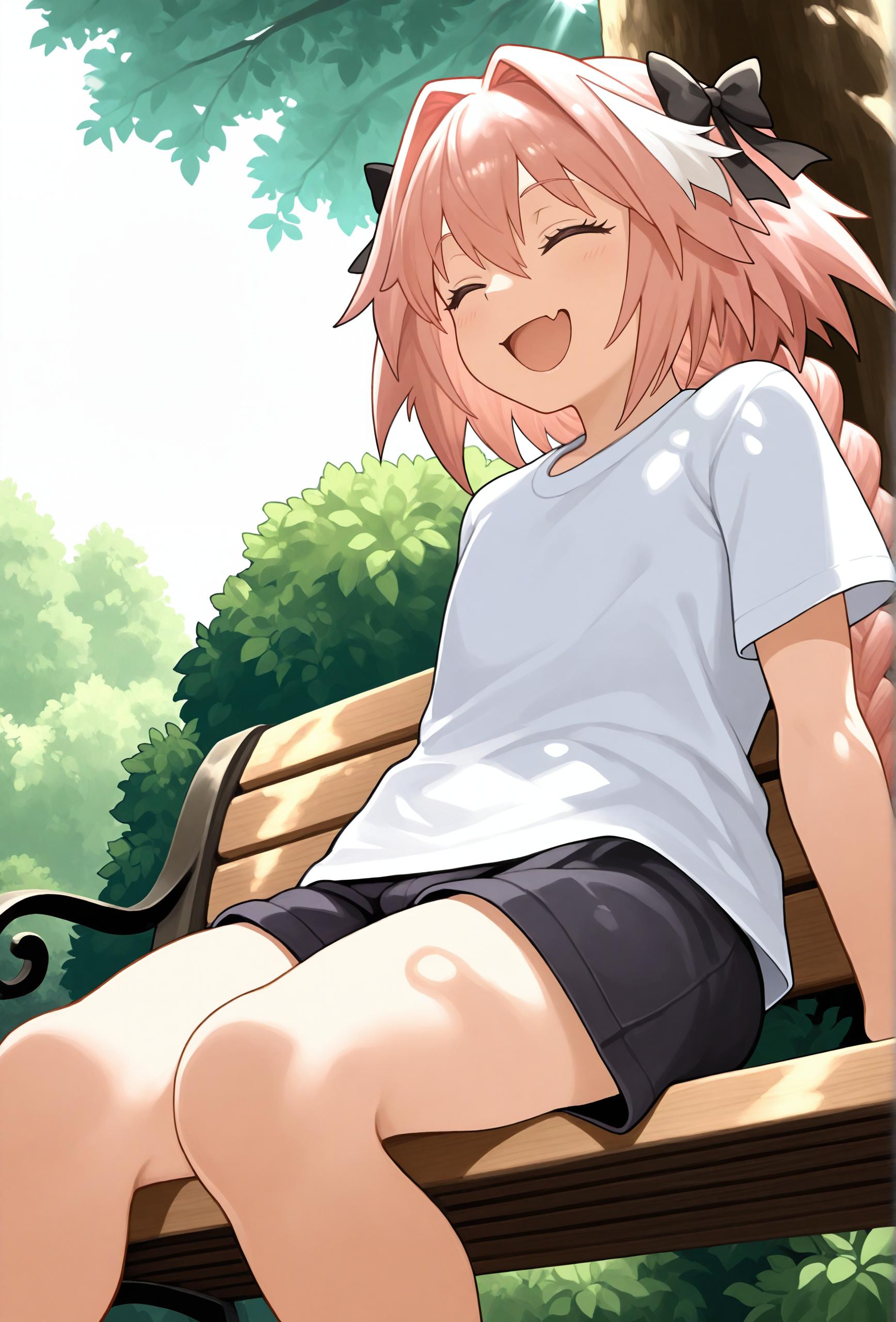 masterpiece,best quality,amazing quality, <lora:menthak0_style_illustrious_v1f:1> mk0style, 1boy, astolfo \(fate\),braid, closed eyes,smile, open mouth, BREAK
t-shirt, shorts, low angle, track, tree, bush, tree shade, bench, sitting, leaning back