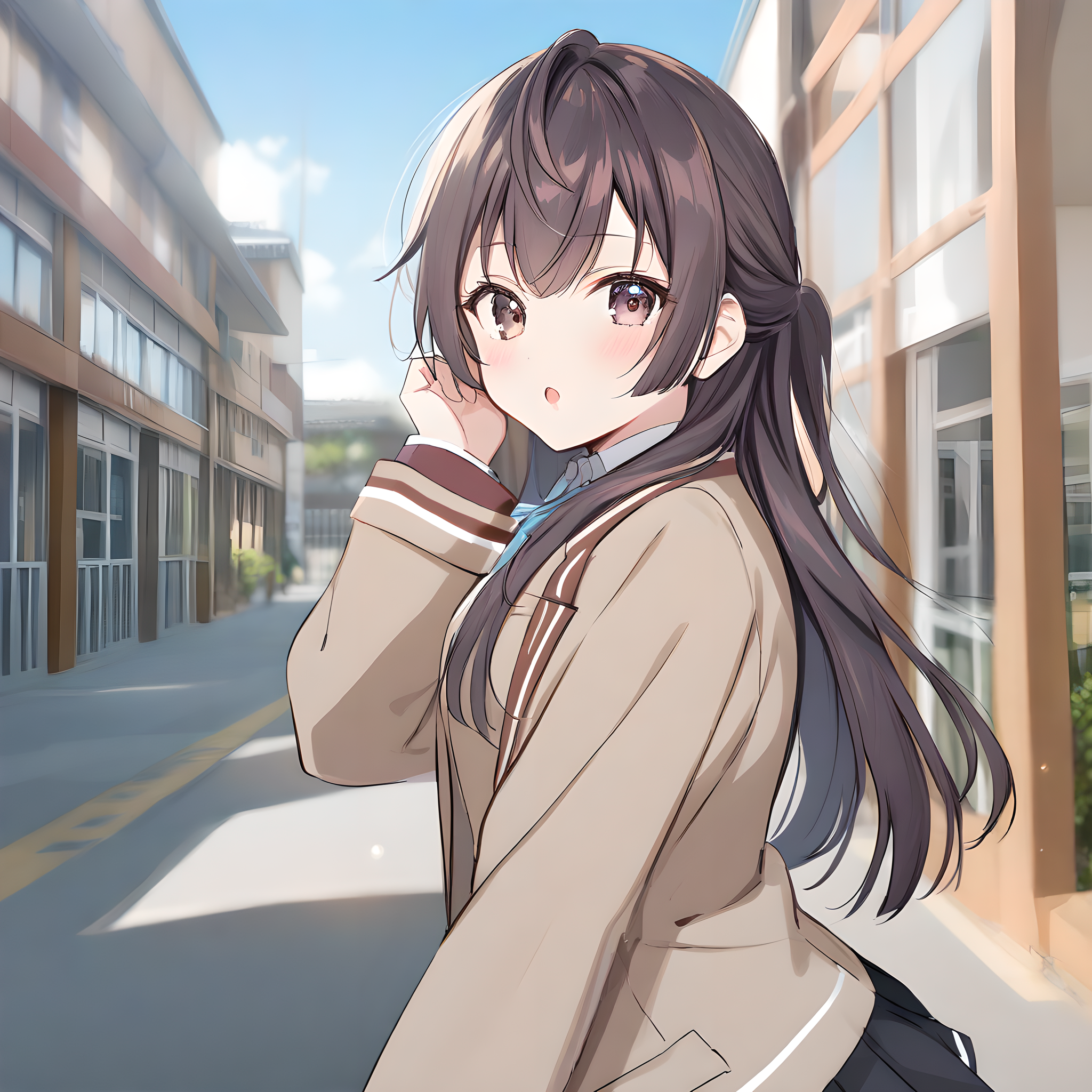 suou_yuki, brown hair, brown eyes, long hair, solo, 1girl, medium breasts, school uniform, skirt, jacket, :O, parted lips, looking at viewer, school background, <lora:XL-SuouYuki:1>