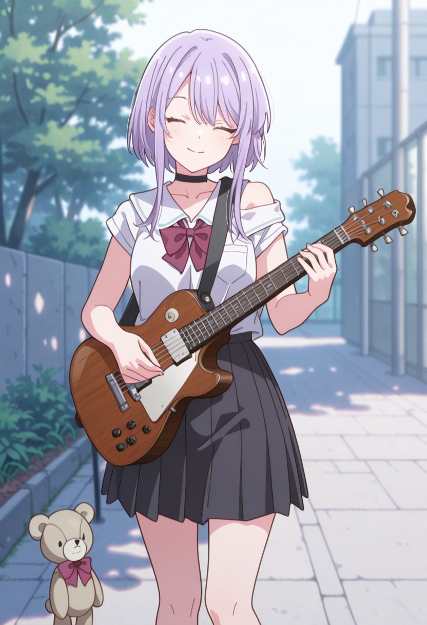 masterpiece, best quality, 32k, high resolution, absurdres, amasawa kyou, choker, black choker, outdoors, holding instrument, facing viewer, bow, bare arms, teddy bear, school uniform, off shoulder