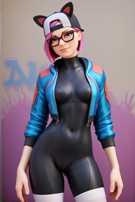 score_9, score_8_up, score_7_up, score_6_up, 3d,
<lora:P-Lynx_fortnite:1>, L7NX, black hat, animal ears, fake animal ears, short hair, pink hair, glasses, black framed eyewear, green eyes,
blue jacket, black bodysuit, black leggings, white thighhighs,
standing, medium breasts, seductive smile, closed mouth, eyelashes, posing like a model, sexy, seductive pose, suggestive pose,
street background with deep depth of field, graffiti on wall, highly colorful and vibrant graffiti, numerous intricate tags and designs, distant buildings and street elements in background adding depth and realism, colored graffiti,