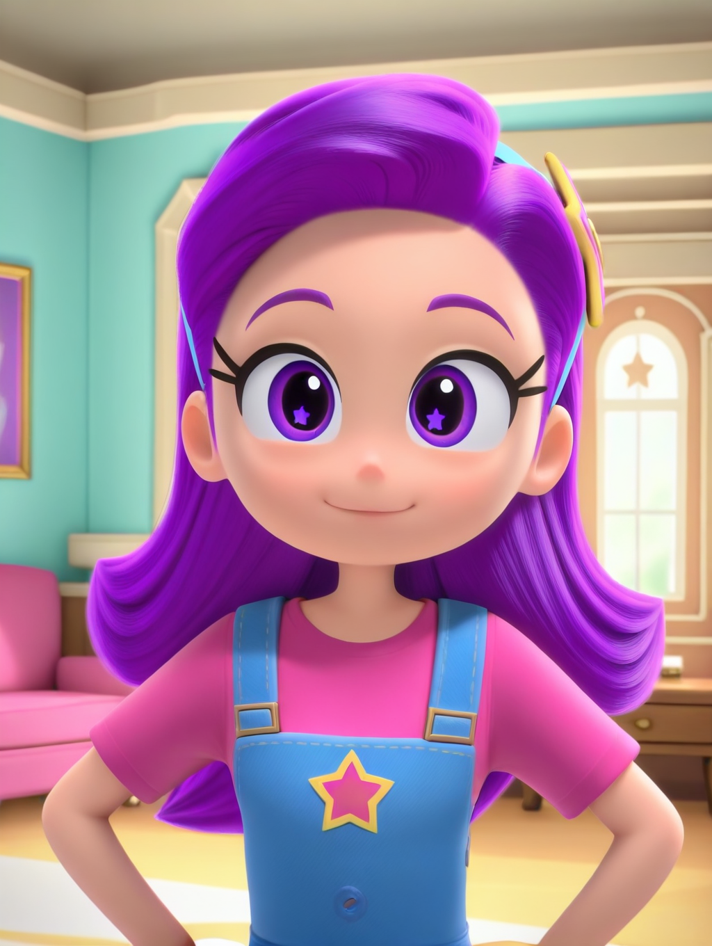 Purple_Star, 1girl, solo, fair skin, purple eyes, wavy hair, purple hair, light blue headband, star headband, pink t-shirt, light blue overalls, white socks, purple shoes, (light smile, Hands on hips, looking at viewer, indoors, elegant room, solo, upper body,)