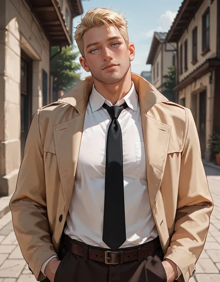 masterpiece, best quality, absurdres, newest, perfect quality, best quality, absolutely eye-catching, detailed background, intricate details, male focus, realistic, solo, <lora:John Constantine - Illustrious:0.6> john_c, blonde hair, light blue eyes, thick stubble, tan trench coat, white collared shirt, black necktie, belt, dark brown pants, upper body, outdoors, day, head tilt, hands in pockets