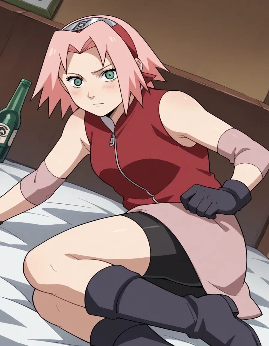 score_9, score_8_up, score_7_up, source_anime,
sakuraharuno, <lora:sakura-haruno-shippuden-s1-ponyxl-lora-nochekaiser:1>,
sakura haruno, short hair, green eyes, pink hair, parted bangs, hairband, forehead protector,
gloves, green eyes, sleeveless, black gloves, red shirt, zipper, forehead protector, konohagakure symbol, boots, bike shorts, zipper, toeless footwear,
indoors, bed, bed room, on side, blush, drunk,
cowboy shot, looking at viewer, solo, dutch angle,