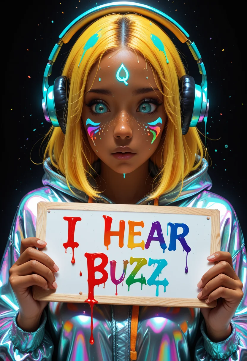 1girl, pretty, masterpiece, best quality, best quality, absurdres, 8k, HDR, ((holding sign:4, "I HEAR BUZZ":2)) (face), solo, straight-on, (extreme close up), portrait, dark background
,ADDBASE, (face), solo, straight-on, (extreme close up), portrait, dark background
,ADDBASE, beautiful face, detailed, cute, big natural eyes, eyelashes, simple background, yellow hair, dark skin, facial markings, , concentrating, deep in thought, deep concentration,
,ADDROW,
wearing large over-ear headphones
,ADDCOL,
headphones are (qxys, thermal style, bright colors), covered in (rainbow paint splatter, dripping iridescent paint), (reflective surface, holographic), glowing details, crazy colorful design , <lora:DarkerThanBlackIllustrious:.2>, <lora:holographiccolor:.2>, <lora:ThermalSwirlsILL:.2>,