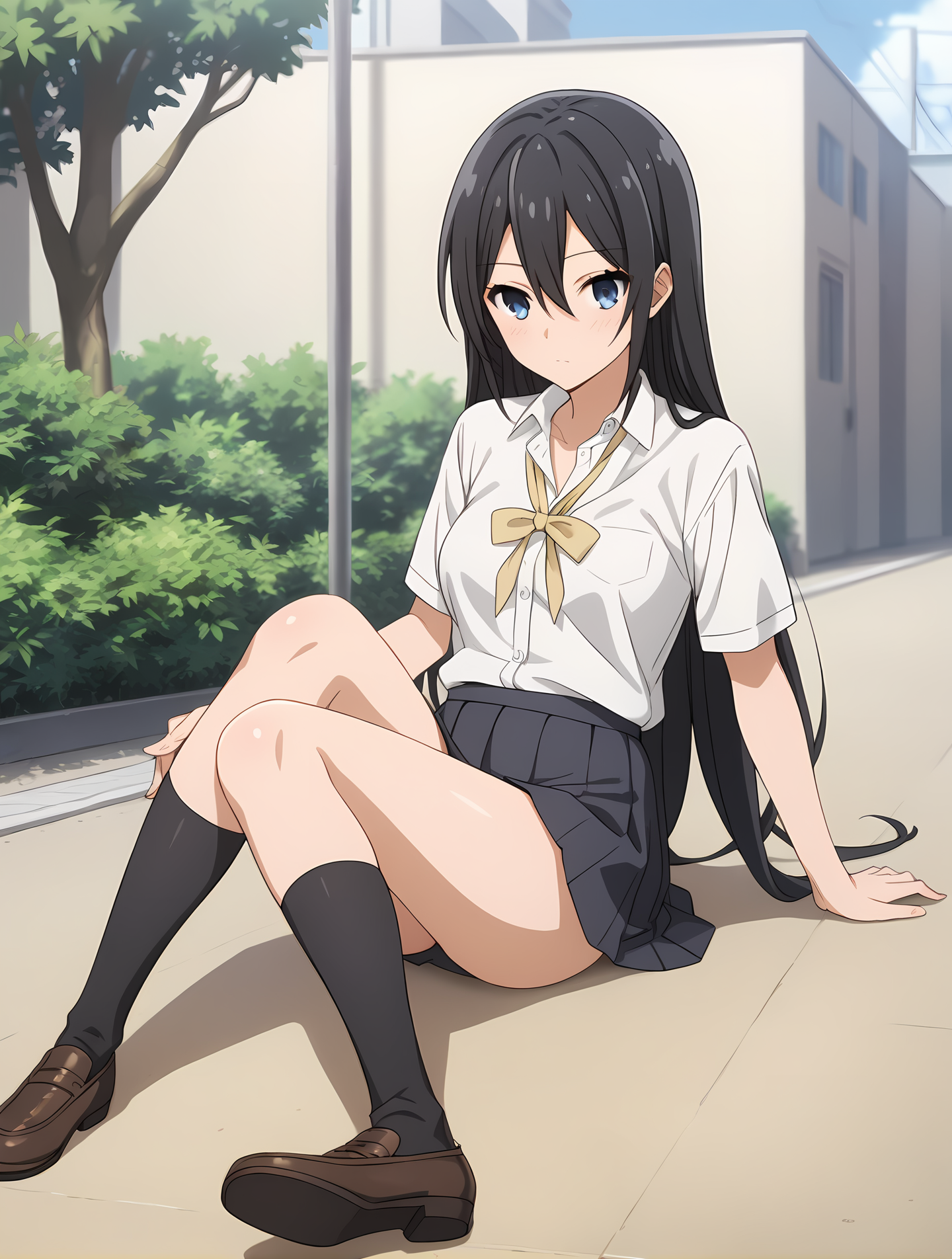 (school uniform skirt white shirt black socks uwabaki), hm-sawada, black hair, long hair, blue eyes, medium breasts, 1girl, solo, skinny, score_9, score_8_up, score_7_up, score_6_up, score_5_up, source_anime, blush, outdoors, (1.3::full body|sitting|standing|lying|0.6::close-up| :1.20), feet, <lora:hm-sawada-V01-000004:0.60>