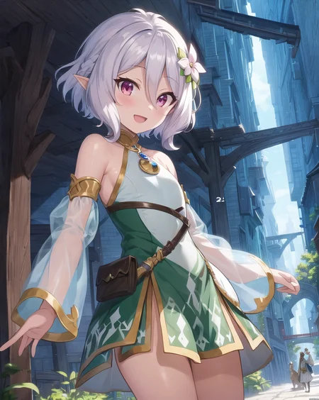 masterpiece, best quality, ultra-detailed, illustration, epic lighting, cinematic composition, colorful, anime, 2d, (finely detailed beautiful eyes: 1.2), 1girl, petite, kokkoro, pink eyes, short white hair, white hair flower, white dress, detached sleeves, looking at viewer, :d, cowboy shot, outdoors, fantasy, village, (8k:1.1)   <lora:kokkoro_v1:1>