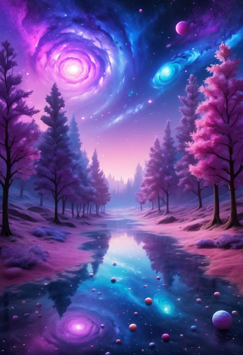 otherworldly dreamscape, edible galaxy, delicate ingredients as floating planets, swirling sauces as ethereal nebulae, soft pastel colors, whimsical atmosphere, magical lighting, sprinkles as distant stars