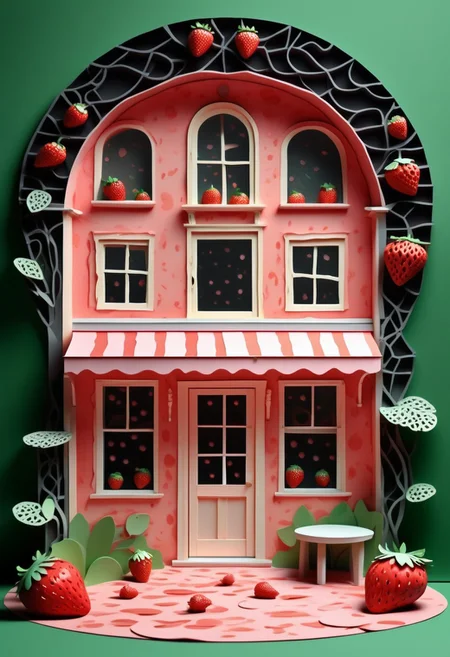 A Berry Good Bookstore:
A tiny corner bookstore shaped like a halved strawberry, with circular windows as seeds and green leafy trim forming awnings. A bicycle rests outside, a cat naps near the steps. Composition is simple, centered, and inviting—storybook-like in warmth and composition.
Tags: minimalist composition, simple composition, clean lines, made of strawberry, low-poli, voronoi, voxels, transformed into a strawberry-themed landscape, strawberry-themed elements, illustration insanity, surrealist artistic textures, fluid realism, Paper Quilling,