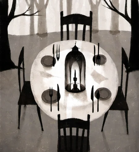 surreal art,dark,whimsical,dinner table,gothic,utensils,crescent moon,branches,empty chairs,mystical,monochromatic,shadow,eerie,illustration,soft lighting,minimalistic,polished texture,fantasy elements,muted colors,dreamlike,mystical ambiance,lantern,knife,fork,plate,forest,night scene,abstract,atmospheric.,<lora:æ²»æ-000009:0.8>,