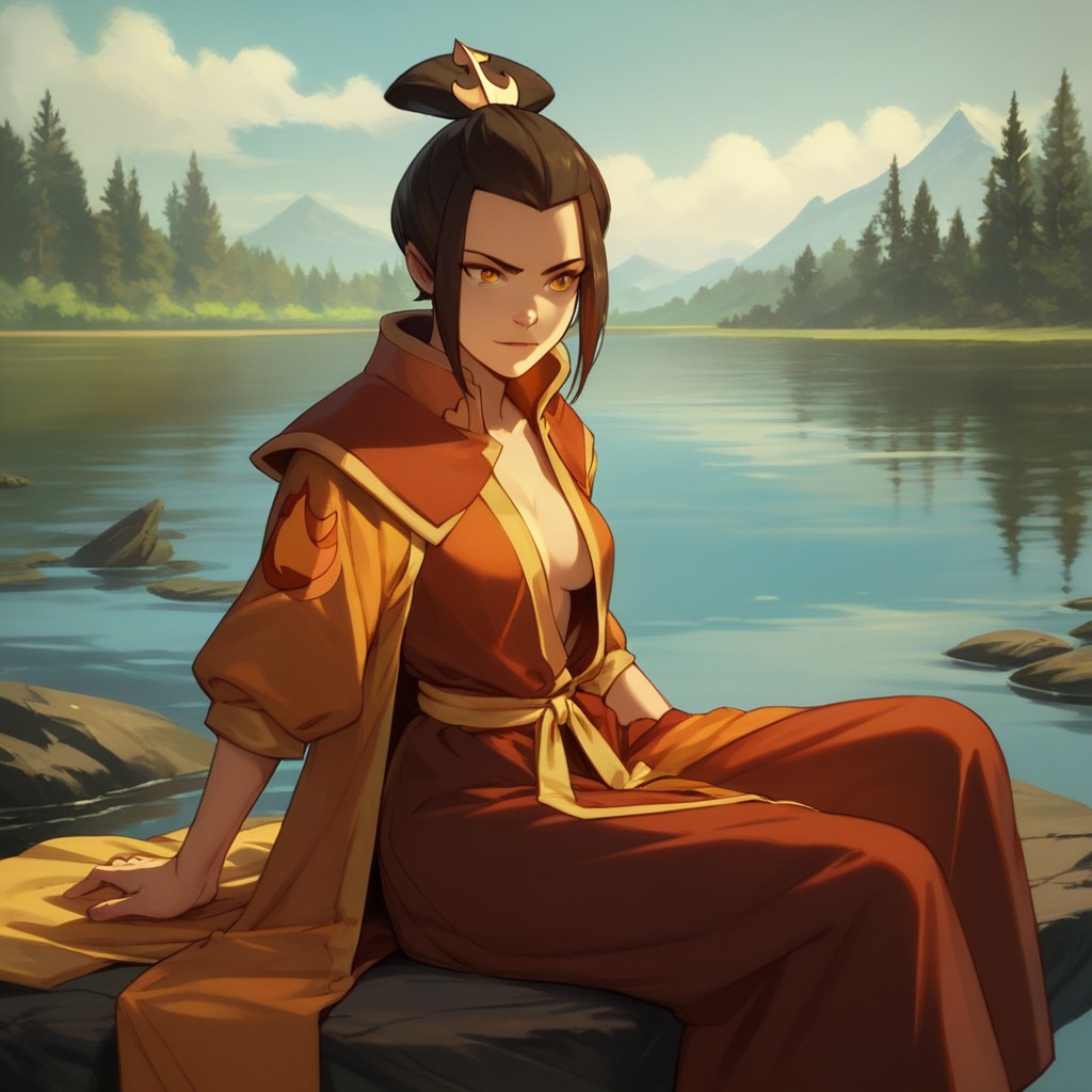 score_9, score_8_up, score_7_up, score_6_up, score_5_up, score_4_up, rating_safe, 1girl, AzulaFire, sexy pose, open robes, sitting on the side of a lake, amber eyes,