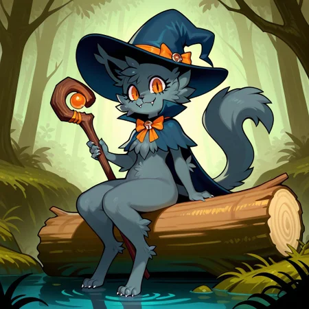 Alice(F), Solo, 1girl, semi-anthro, female furry, cat, cat girl, grey fur, fluffy fur, amber eyes, cat tail, sharp claws, fangs, witch hat, neck bow, short cloak, looking at viewer, holding wooden staff, sitting on log, swamp background, smile, eyes half-closed, full body,