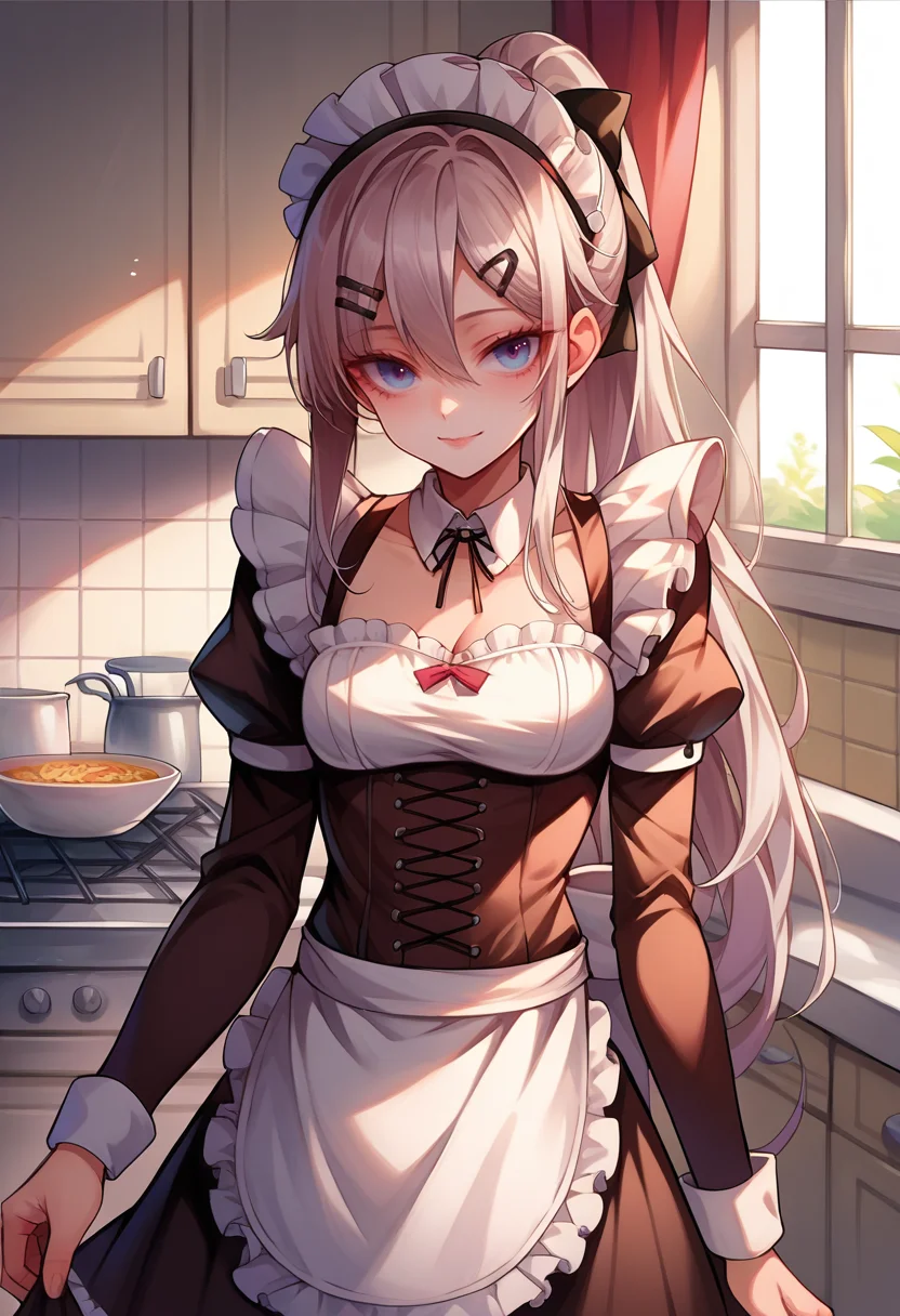 score_9, score_8_up, source_anime, 1girl, solo, 9A91Maid, long hair, ponytail, hair bow, hairclip, maid headdress, maid, detached collar, cleavage, waist apron, frills, long sleeves, garter straps, white thighhighs, indoors, kitchen, smile, <lora:Cham9A91PonyXL:1>
