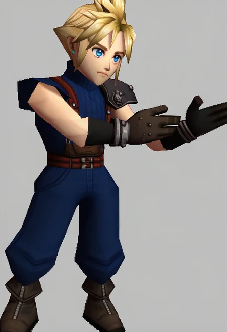 score_9, score_8_up, score_7_up, source_anime BREAK, 1boy, solo,
<lora:zs_N64ZeldaStyleXL:1> n64zeldastyle, 3d, polygonal, white background, full body
 <lora:cloudstrife-pdxl-nvwls-v1:1> defCloud, blonde hair, single earring, suspenders, shoulder armor, blue sleeveless turtleneck, belt, baggy pants, blue pants, gloves, boots,