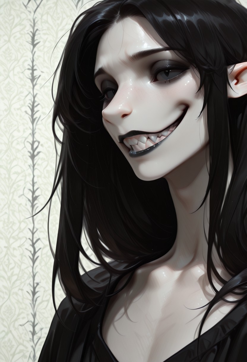 1 person, (lapanya, snout nose:1.3), solo, androgynous, pointy ears, sleek hair, straight hair, long hair, black hair, straight hair, parted hair, hair over shoulders, ((black sclera, black irises, black pupils)):1.5, (very pale skin, white skin), ((full lips, black lipstick)), black cloak, open cloak, bare chest,
(Grinning, sharp teeth, detailed teeth), looking at viewer,
Medieval style, Smooth colors, detailed face, smooth skin, smooth nose, organic cavern background, clean lines, high quality, best quality, masterpiece, rating: safe, source: semi-realistic,