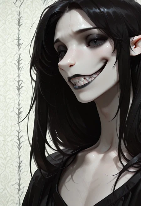 1 person, (lapanya, snout nose:1.3), solo, androgynous, pointy ears, sleek hair, straight hair, long hair, black hair, straight hair, parted hair, hair over shoulders, ((black sclera, black irises, black pupils)):1.5, (very pale skin, white skin), ((full lips, black lipstick)), black cloak, open cloak, bare chest,
(Grinning, sharp teeth, detailed teeth), looking at viewer,
Medieval style, Smooth colors, detailed face, smooth skin, smooth nose, organic cavern background, clean lines, high quality, best quality, masterpiece, rating: safe, source: semi-realistic,