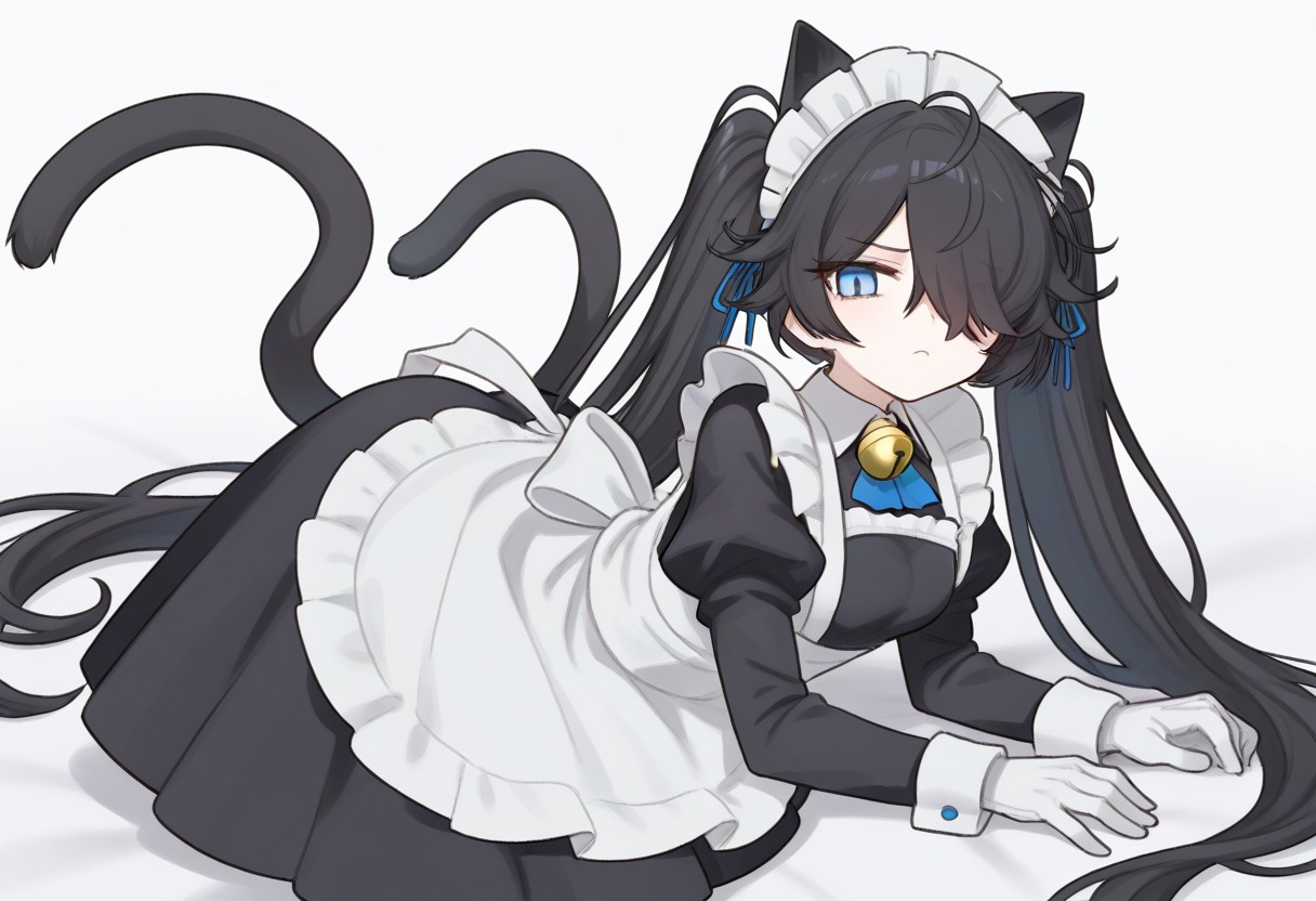 (Maid-kasli), solo, white gloves, dress, hair over one eye, maid apron, blue eyes, twintails, cat ears, maid headdress, maid, gloves, 1girl, apron, juliet sleeves, long sleeves, long hair, black hair, animal ears, bell,(Fall down),