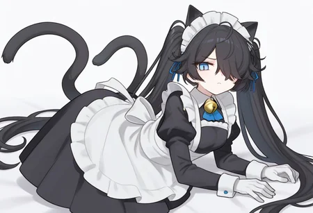 (Maid-kasli), solo, white gloves, dress, hair over one eye, maid apron, blue eyes, twintails, cat ears, maid headdress, maid, gloves, 1girl, apron, juliet sleeves, long sleeves, long hair, black hair, animal ears, bell,(Fall down),