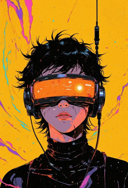 HD, high-resolution cyberpunk-inspired photograph featuring a young person with short, tousled hair, dressed in a sleek black turtleneck with a high collar. Large, glossy black over-ear headphones frame their face, contrasting sharply with the vibrant, uniform yellow background, now adorned with vibrant illusion patterns that ripple across the surface. These swirling, geometric designs in neon hues of purple, pink, and cyan create a dynamic, futuristic effect, enhancing the immersive atmosphere. A glowing, rectangular screen hovers over their eyes, emitting a vivid orange light that suggests a futuristic virtual reality interface or cybernetic enhancement, casting a subtle glow onto their face. The background’s bold yellow tone, combined with the illusion patterns, heightens the contrast of the figure's dark attire and accessories, emphasizing the minimalist yet impactful composition. The image is styled with a retro-futuristic touch, featuring a subtle grainy texture reminiscent of early digital photography, adding depth and a nostalgic edge to the cyberpunk aesthetic. The sharp interplay of bold colors, glowing technology, and clean lines evokes themes of virtual reality immersion, advanced technology, and modern digital exploration, with a hint of mystery and innovation in the partially obscured face.