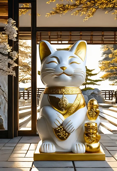 a stone statue of maneki-neko, white and gold, cstatuesdxl, Japanese bar, dramatic scene, fantasy