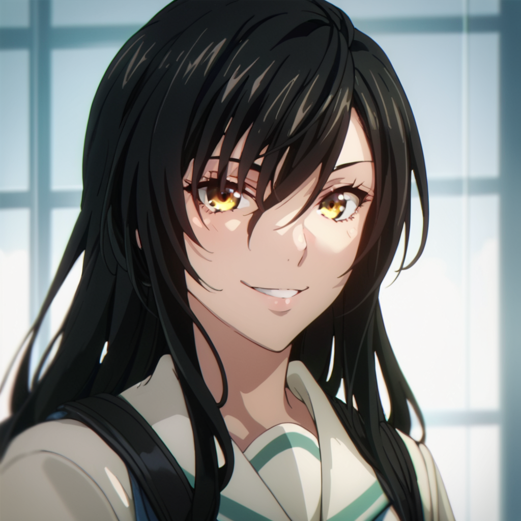 score_9, score_8_up, score_7_up, score_6_up, score_5_up, score_4_up, source_anime,  Kiriha, black hair, , school uniform, portrait, smile