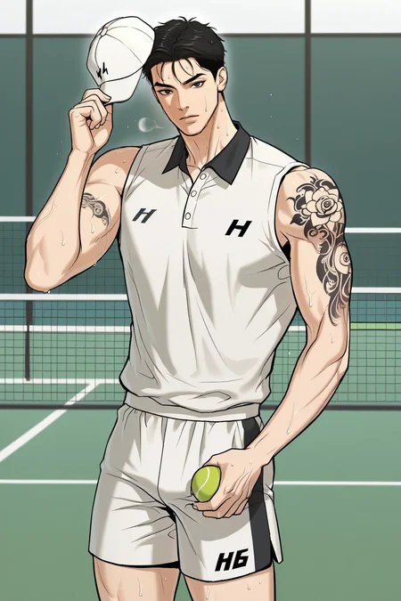 <lora:jaekyung-IL:0.8>,jaekyung,black hair,black eyes,arm tattoo,tennis_uniform,standing,holding hat,looking at viewer,sweat,tennis court,cowboy shot,1boy,solo,yaoi,bara,male focus,masterpiece,best quality,amazing quality,nsfw,uncersored,highres,best quality,amazing quality,best aesthetic,absurdres,