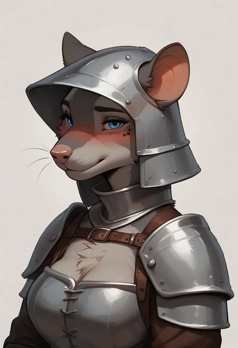 score_9, score_8_up, score_7_up, score_6_up, 1 anthro rat girl, sexy face, wearing knight female armor with helmet, cute face, blue eyes, hazel eyes shy , nose blush, medium boobs, chest up, grey fur, bald, fullbody, smirking, looking at viewer, (medieval castle background), 3/4 side view, upper body half view