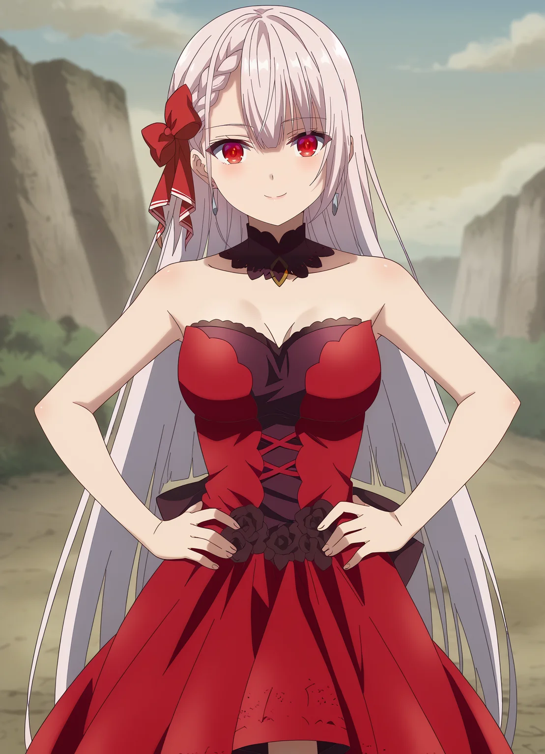 <lora:Riselia_Ray_Crystalia-Seiken_Gakuin_no_Makentsukai:1>,Riselia,1girl,solo,earrings,long hair,red eyes,bow,hair bow,braid,red dress,cowboy shot,hands on own hips, looking at viewer, smile,closed mouth, outdoors