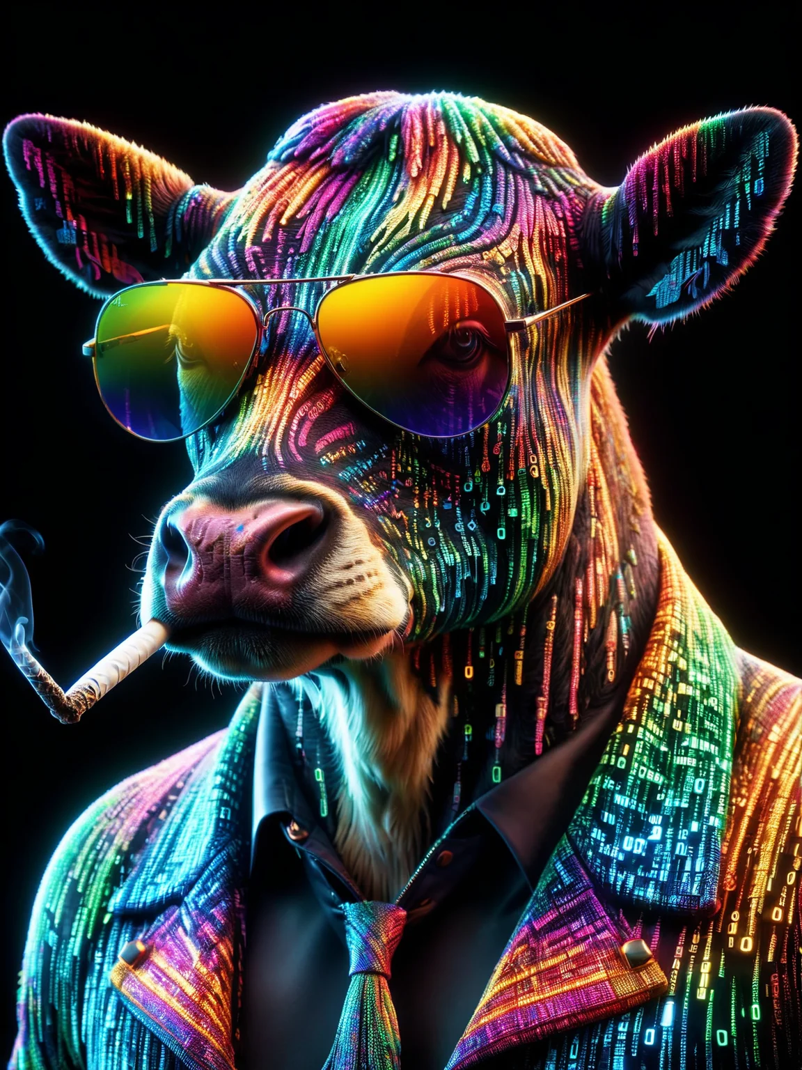 glowing colorful mad-mtrx cow with aviator sunglasses smoking a joint<lora:Colorful_Matrix_SDXL:1.0>, (masterpiece:1.2), best quality, (hyperdetailed, highest detailed:1.2), high resolution textures