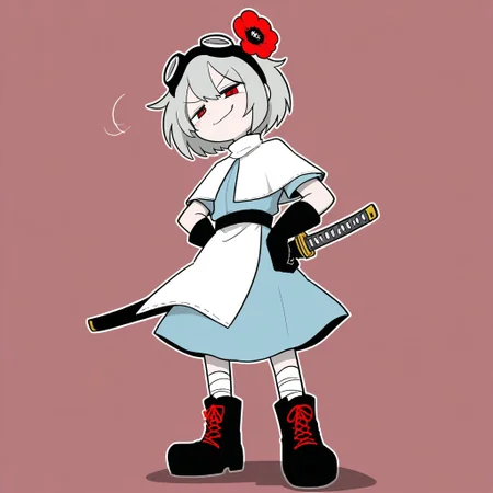 Sentaku-bune, BREAK, 1girl, solo, (short, small body, grey hair, short hair, red eyes, black tanker goggles on head, flower in hair, poppy flower in hair, white capelet, white sleeves, short sleeves, katana sheath, white apron, light blue dress, white leg wraps, black gloves, black boots, red laces, black belt), standing, laughing, grinning, smug, hands on hips, leaning back, simple background,