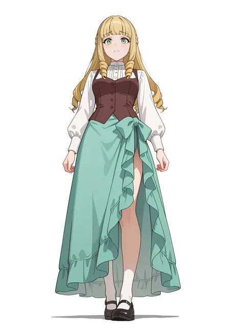 Smooth Quality,masterpiece,very intricate, high quality details, ultra realistic, high detailed skin,detailed enviorement,absurdres,
simple background, white background,
,from below,worried,color drain,
waistcoat,  ,bishop sleeve blouse,  ,sarong skirt,  , <lora:Fiatoio_Annacnn:0.7> fannacnn, 1girl, blonde hair, green eyes, long hair, blunt bangs, sidelocks, drill hair, mary janes,