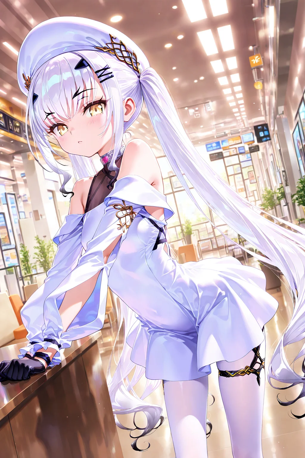 melusine \(Spiritron Dress\) \(fate\),1girl,gloves,black gloves,dress,long hair,white dress,solo,pantyhose,twintails,hat,looking at viewer,white pantyhose,bangs,hair ornament,white hair,hairclip,very long hair,white headwear,yellow eyes,<lora:melusine2 (Spiritron Dress) (fate):0.8>,upper_body,dynamic_angle,indoor,station,living room,bent_over,, masterpiece,best quality,amazing quality,