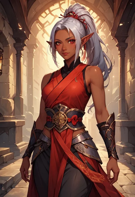 score_9, score_8_up, score_8, 1girl, solo, dark elf girl, dark skin, medium length silver hair, high ponytail, medium breast, fantasy kunoichi assassin, standard black kunoichi attire, sleeveless garment, a red obi wrapped around her waist, pants that have openings around her thighs, blouse noticeably kept slightly opened, showing off most of her cleavage, fantasy dungeon background, detailed colours, cinematic light, fully coloured, volumetric lighting