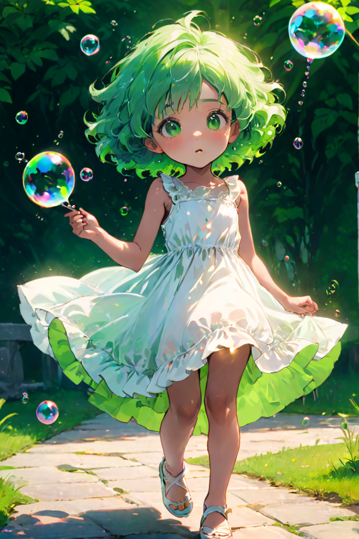 best quality,masterpiece,HDR,UHD,8K,best quality,masterpiece,Highly detailed,Vivid Colors,full body,1girl, green hair,afro,child,shiny skin,white skin, off-white summer_dress, <lora:neg4all_bdsqlsz_xl_V7:1>, <lora:xl_more_art-full_v1:0.8>bubble blowing,