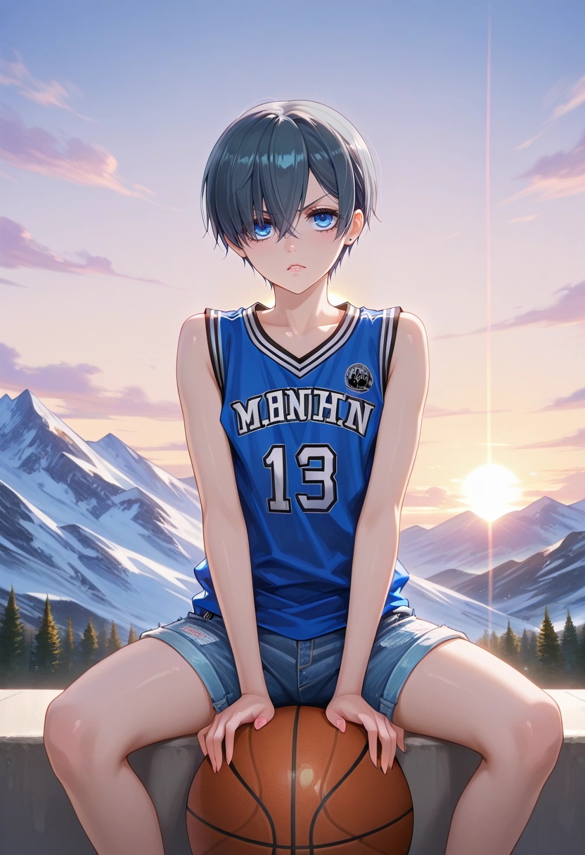 masterpiece, best quality, , (realistic:0.6), , 1boy, solo, male focus, <lora:ciel_phantomhive_ilxl:0.94>, ciel_phantomhive, black hair, blue eyes, short hair, , dragon aerie, mountain peaks, thermal vents, nesting areas, watching pose, cautious expression, sunrise, Denim shorts, Sleeveless basketball jersey, , ,