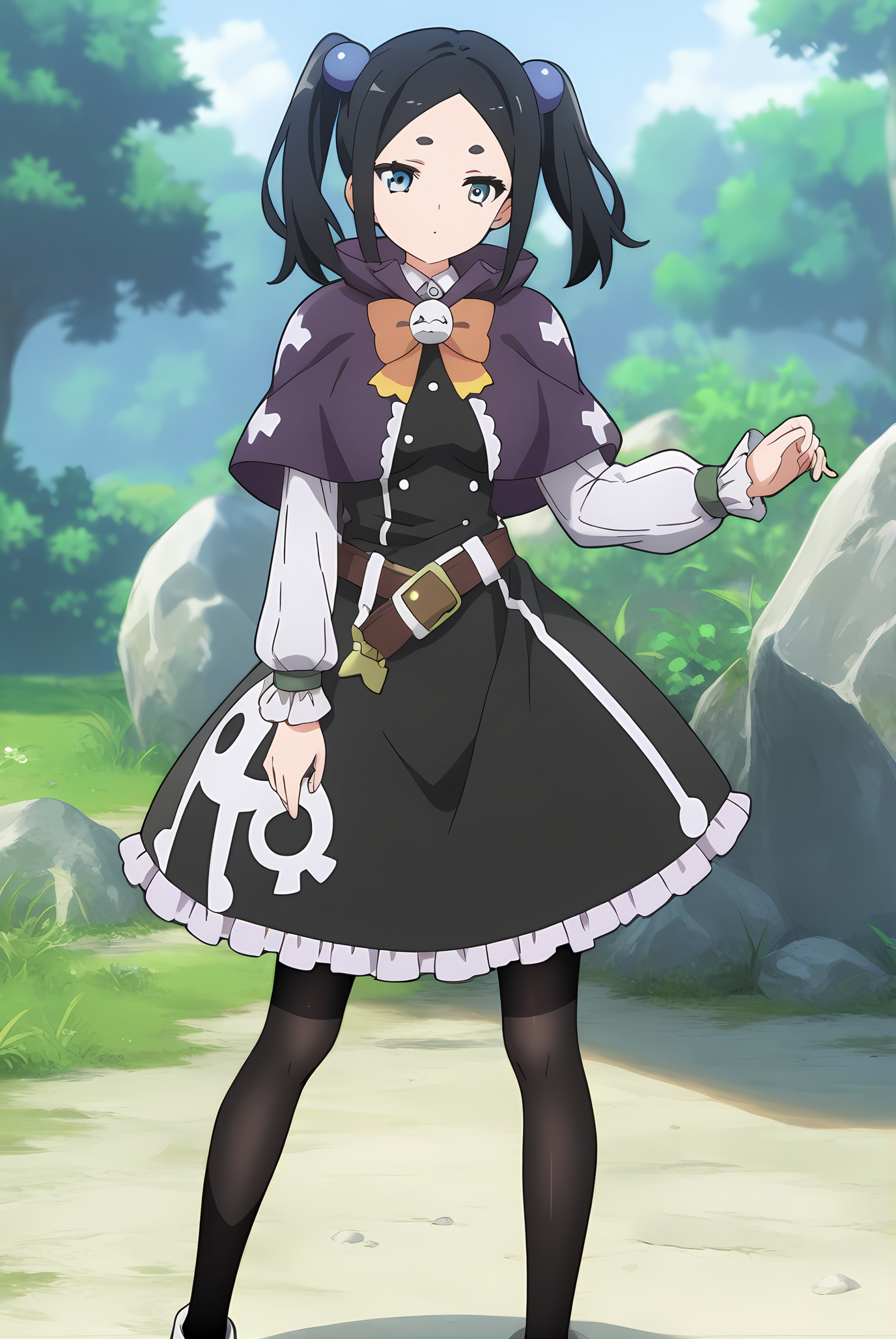 (purple capelet black dress belt black pantyhose:1.30), ig-toxico, black hair, short twintails, blue eyes, blue hair bobbles, medium breasts, 1girl, solo, skinny, score_9, score_8_up, score_8, score_7_up, score_7, score_6_up, score_6, score_5_up, score_5, source_anime, lewd, , (standing:1.20), (3koma:1.20), feet, <lora:ig-toxico-V02:0.70>